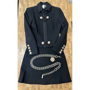 VintagVersace Gold Medusa Button Skirt & Jacket Suit with Chain Belt Size 40 EUC